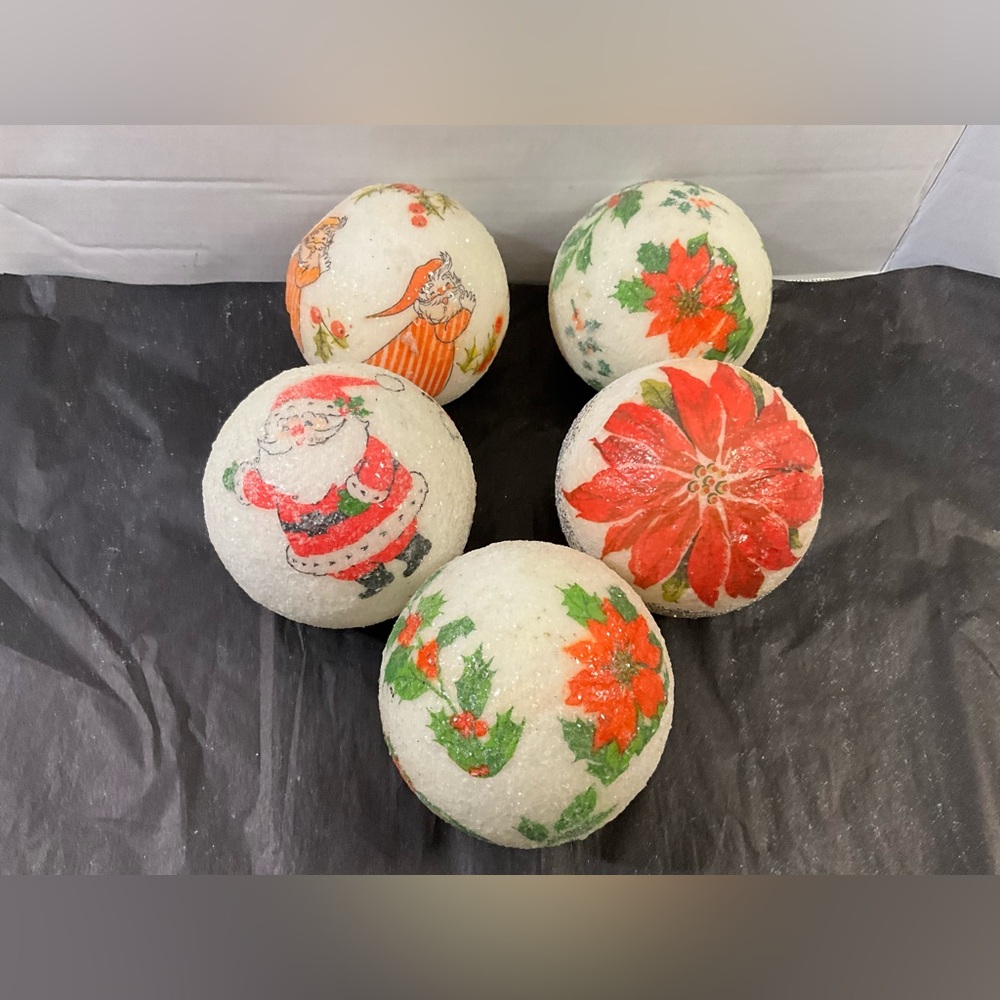 Vintage Lot of 5 Decoupage Christmas Ornaments Poinsettia and Santa
